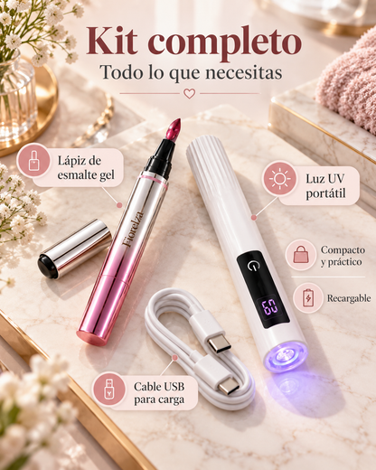 Contenido del kit Fiorelza: lápiz, luz UV y cable USB